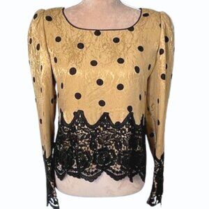 Vintage William Pearson Silk & Crochet Lace Polka Dot Blouse Medium